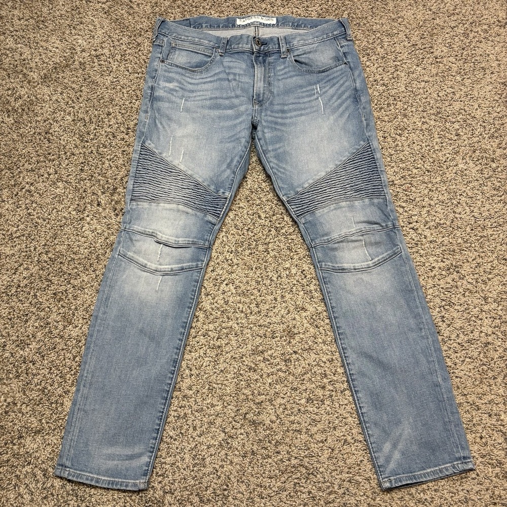 Express Alec Super Skinny Jeans Mens 34x30 Moto Biker Stretch Light Wash‎ Denim